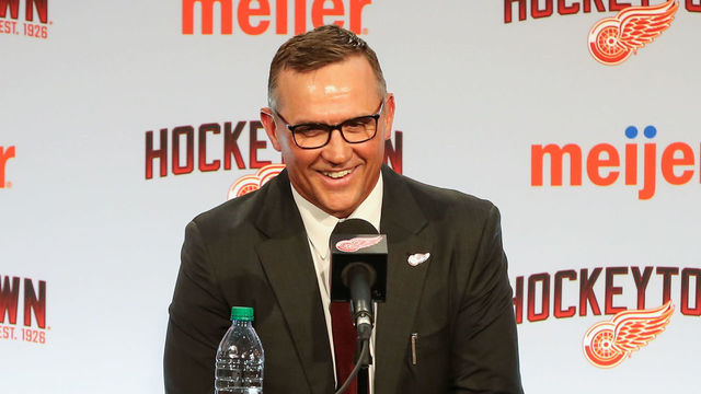 DETROIT, MI - APRIL 19: Steve Yzerman addresses members of the media during a press conference to introduce Steve Yzerman as the new Executive Vice President and General Manager responsible for all hockey operations and announce the promotion of Ken Holland to Senior Vice President on April 19, 2019, at Little Caesars Arena in Detroit, Michigan.
