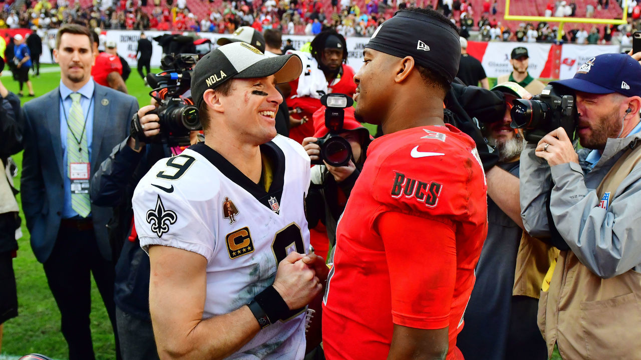 TAMPA, FLORIDA - DECEMBER 09: Drew Brees #9 of the New Orleans Saints shakes hands with Jameis Winston #3 of the Tampa Bay Buccaneers after the Saints defeated the Bucs 28-14 at Raymond James Stadium on December 09, 2018 in Tampa, Florida.