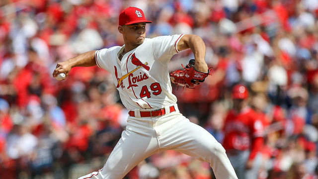 ST. LOUIS, MO - JUNE 22: Jordan Hicks #49 of the St. Louis Cardinals pitches during the eighth inning against the Los Angeles Angels of Anaheim at Busch Stadium on June 22, 2019 in St. Louis, Missouri.
