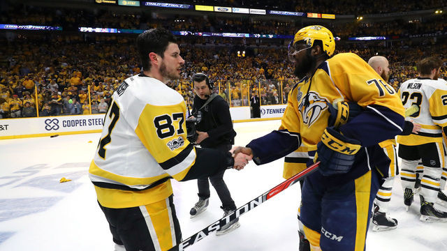 NASHVILLE, TN - JUNE 11: Sidney Crosby #87 of the Pittsburgh Penguins shakes hands with P.K. Subban #76 of the Nashville Predators after winning Game Six of the 2017 NHL Stanley Cup Final 2-0 at the Bridgestone Arena on June 11, 2017 in Nashville, Tennessee.