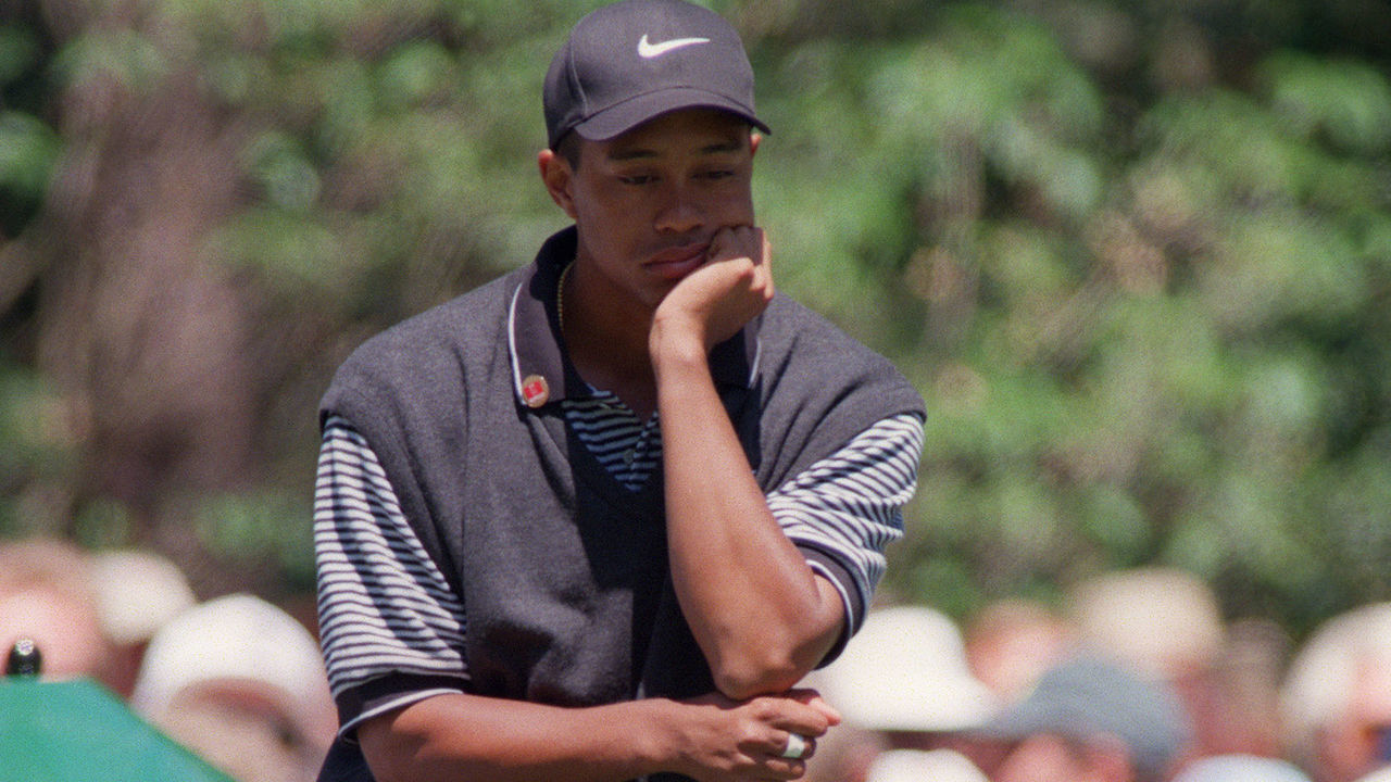 Tiger Woods waits to tee off on the second hole 10 April 1997 during the first round of the Masters golf tournament at the Augusta National Golf Club in Augusta, Georgia. Woods is playing in his first Masters as a professional. AFP PHOTO/TIMOTHY A. CLARY