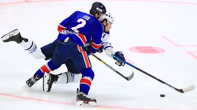 ST PETERSBURG, RUSSIA JANUARY 12, 2020: SKA St Petersburg's Artyom Zub (front) and Dynamo Moscow's Andrei Mironov in a 2019/2020 KHL Regular Season ice hockey match between SKA St Petersburg and Dynamo Moscow at Ledovy Dvorets (Ice Arena); SKA St Petersburg won 2-1. Peter Kovalev/TASS