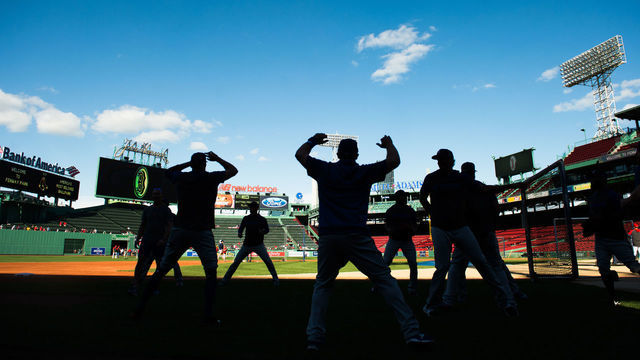BOSTON, MA - JUNE 11: Members of the Texas Rangers warm up during batting practice prior to the start of the game against the Boston Red Sox at Fenway Park on June 11, 2019 in Boston, Massachusetts.