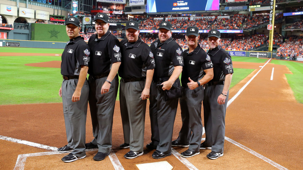 HOUSTON, TX - OCTOBER 29: The umpire crew poses for a photo prior to Game 6 of the 2019 World Series between the Washington Nationals and the Houston Astros at Minute Maid Park on Tuesday, October 29, 2019 in Houston, Texas.