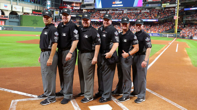 HOUSTON, TX - OCTOBER 29: The umpire crew poses for a photo prior to Game 6 of the 2019 World Series between the Washington Nationals and the Houston Astros at Minute Maid Park on Tuesday, October 29, 2019 in Houston, Texas.