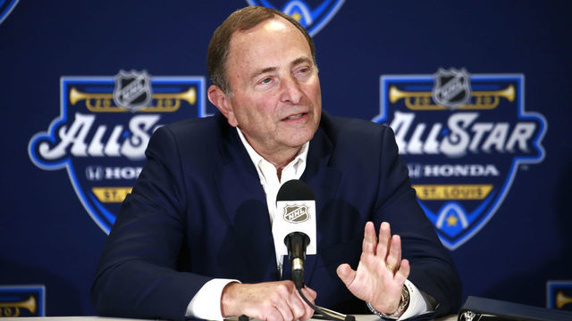 ST LOUIS, MISSOURI - JANUARY 24: NHL Commissioner Gary Bettman speaks to the media prior to the start of the 2020 NHL All-Star Skills competition at Enterprise Center on January 24, 2020 in St Louis, Missouri.