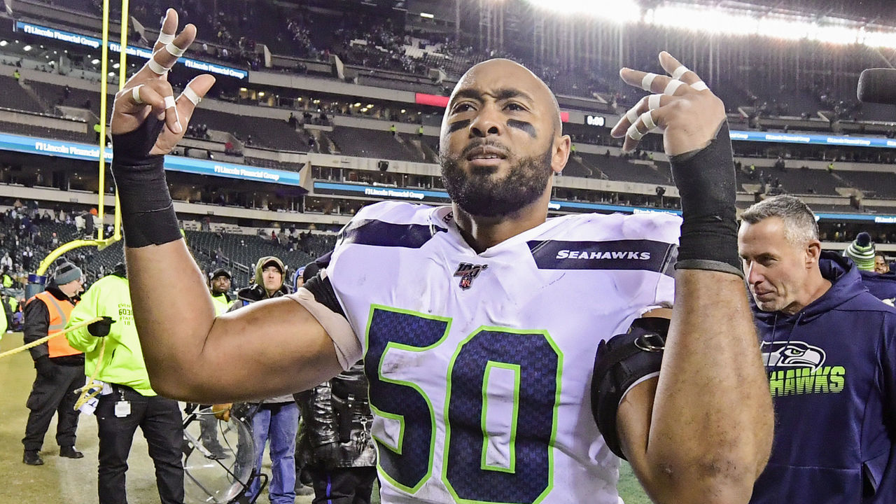 PHILADELPHIA, PENNSYLVANIA - JANUARY 05: K.J. Wright #50 of the Seattle Seahawks celebrates his teams win over the Philadelphia Eagles in the NFC Wild Card Playoff game at Lincoln Financial Field on January 05, 2020 in Philadelphia, Pennsylvania.