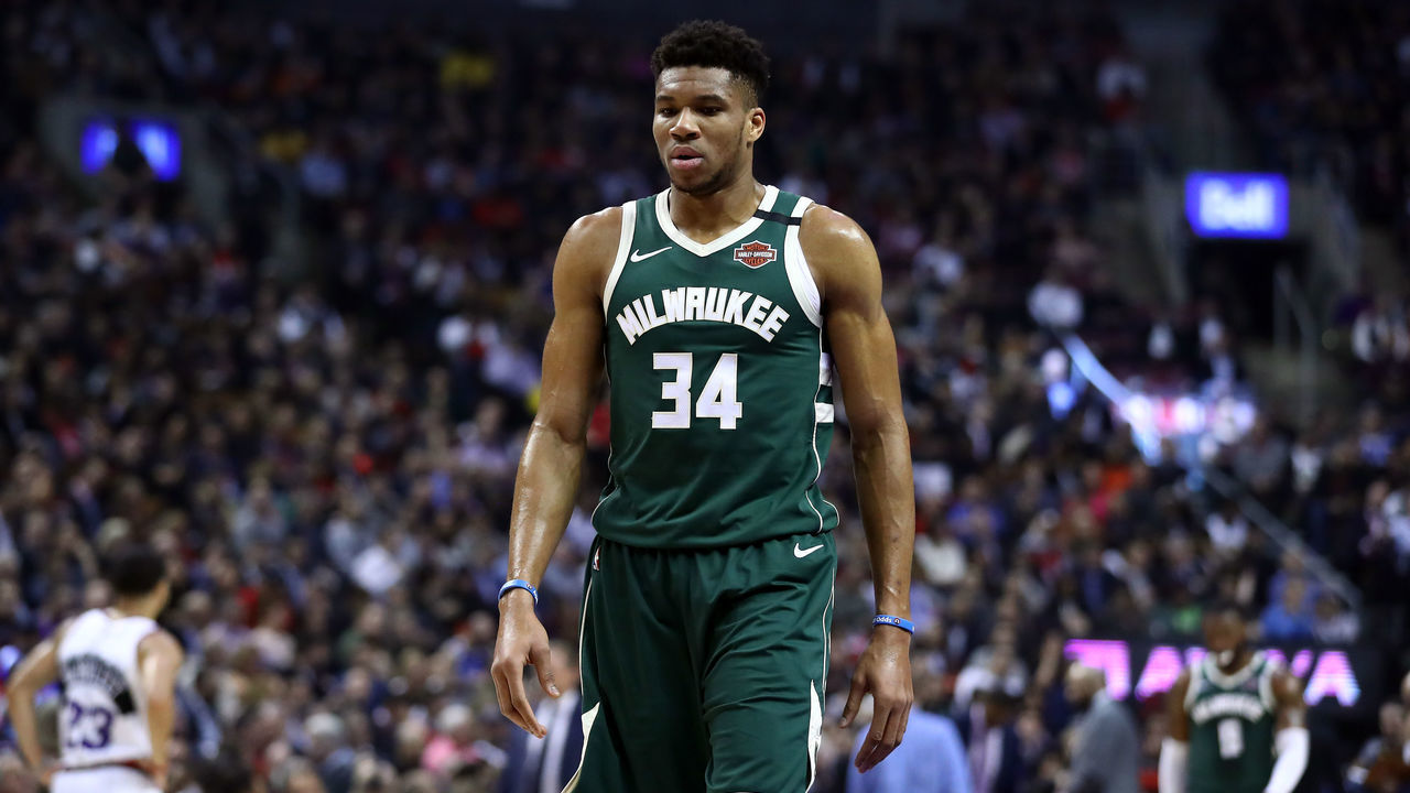 TORONTO, ON - FEBRUARY 25: Giannis Antetokounmpo #34 of the Milwaukee Bucks looks on during the first half of an NBA game against the Toronto Raptors at Scotiabank Arena on February 25, 2020 in Toronto, Canada.