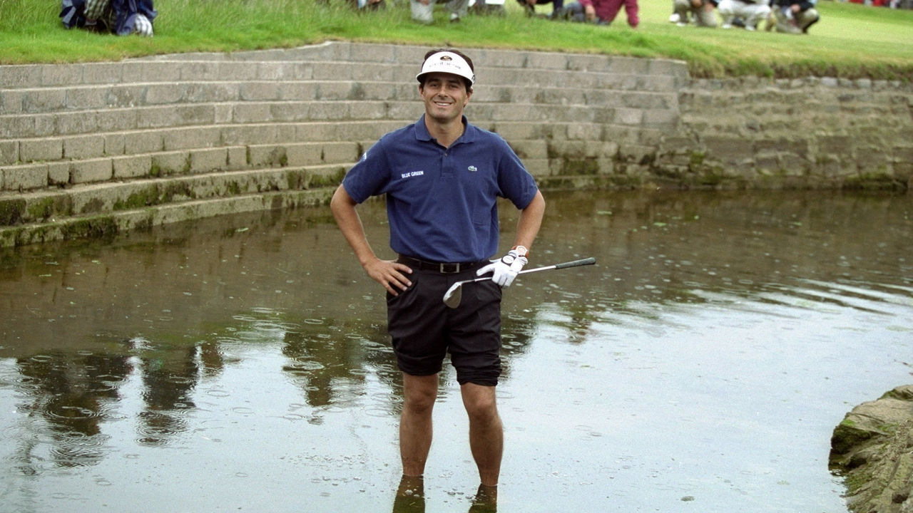 18 Jul 1999: Jean Van de Velde of France still smiling despite finding the Barry Burn with his third shot on the final hole of the British Open at Carnoustie in Angus, Scotland. Van de Velde took a triple bogey seven to squander a three shot lead. \ Mandatory Credit: David Cannon /Allsport