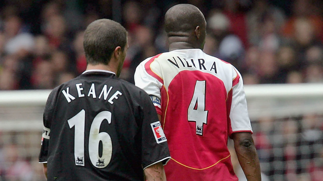 CARDIFF, WALES - MAY 21: Roy Keane of Manchester United in action with Patrick Vieira of Arsenal during the FA Cup Final match between Arsenal and Manchester United at the Millennium Stadium on May 21 2005 in Cardiff, Wales.