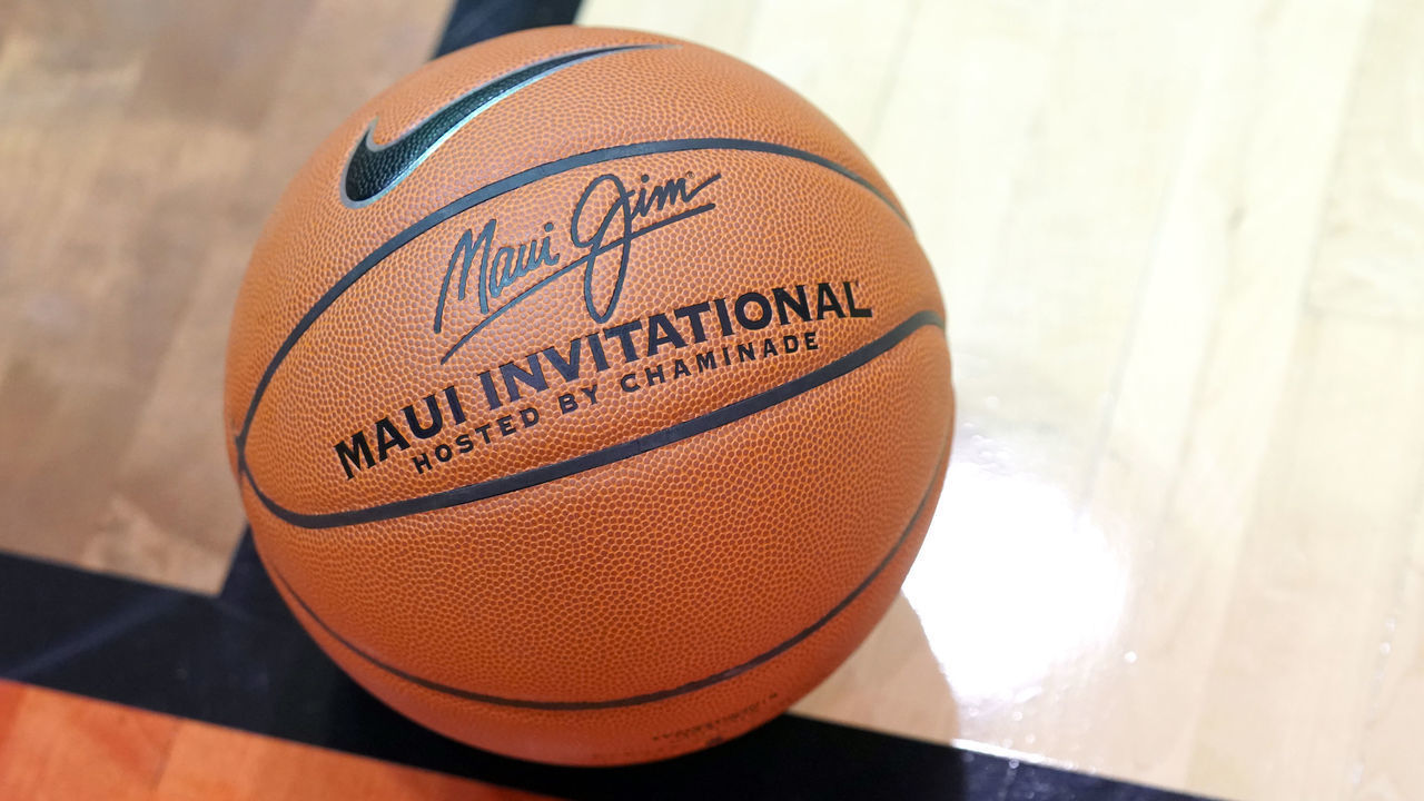 LAHAINA, HI - NOVEMBER 27: A Maui Invitational basketball on the floor during a third round Maui Invitation basketball game between the Virginia Tech Hokies and the Brigham Young Cougars at the Lahaina Civic Center on November 27, 2019 in Lahaina, Hawaii.