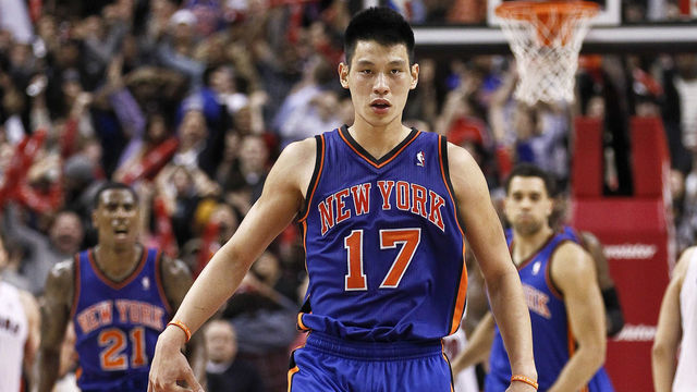 TORONTO, CANADA - FEBRUARY 14: (NY DAILY NEWS OUT) Jeremy Lin #17 of the New York Knicks reacts after a game-winning three-pointer over Jose Calderon #8 of the Toronto Raptors at the Air Canada Centre February 14, 2012 in Toronto, Ontario, Canada. NOTE TO USER: User expressly acknowledges and agrees that, by downloading and/or using this Photograph, user is consenting to the terms and conditions of the Getty Images License Agreement.