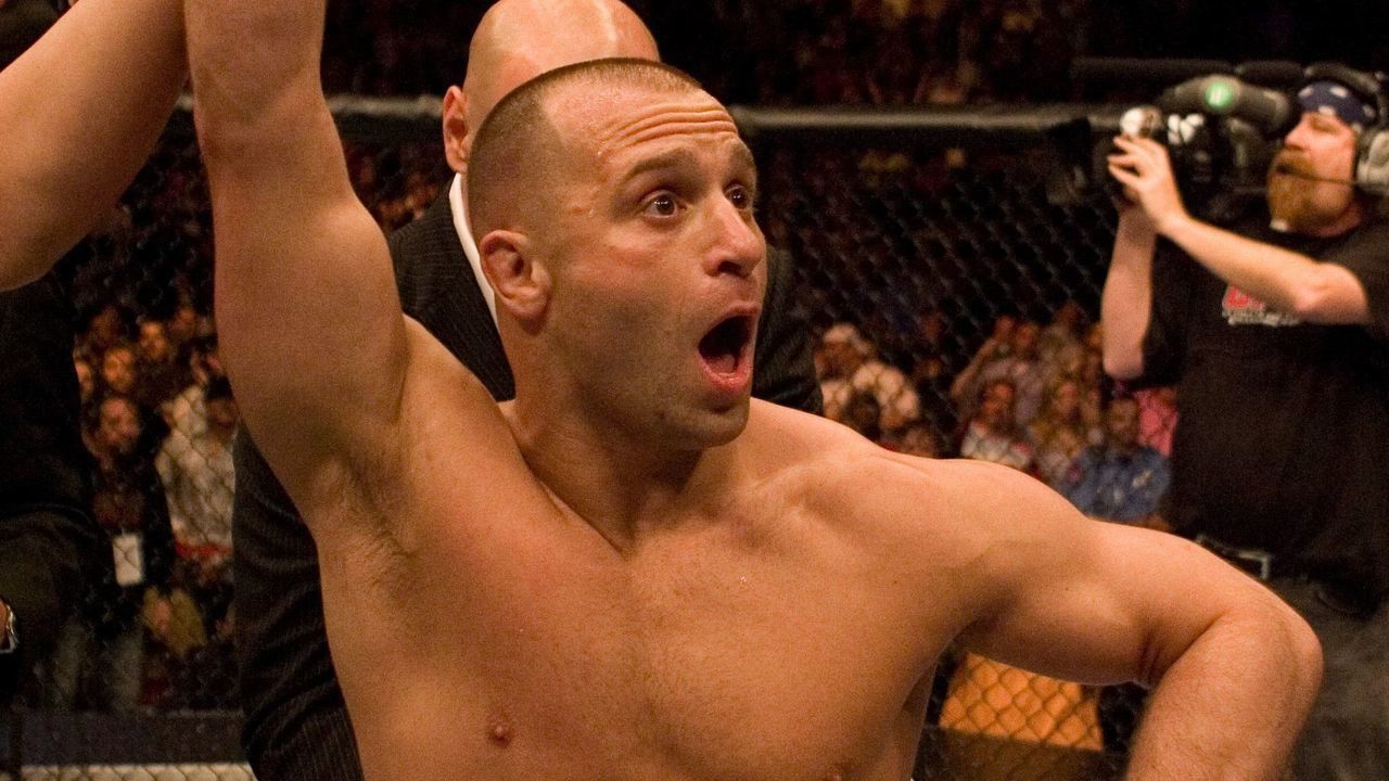 HOUSTON - APRIL 7: Matt Serra (brown/camo shorts) def. Georges St-Pierre (green shorts) - TKO - 3:25 round 1 during UFC 69 at Toyota Center on April 7, 2007 in Houston, Texas.