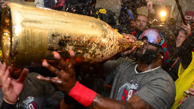 BOSTON, MA - OCTOBER 30: David Ortiz #34 of the Boston Red Sox celebrates after winning the World Series against the St. Louis Cardinals on October 30, 2013 at Fenway Park in Boston, Massachusetts.