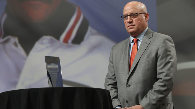 BUFFALO, NY - JUNE 25: NHL Deputy Commissioner Bill Daly waits onstage before presenting the second annual E.J. McGuire Award of Excellence during the 2016 NHL Draft at First Niagara Center on June 25, 2016 in Buffalo, New York.