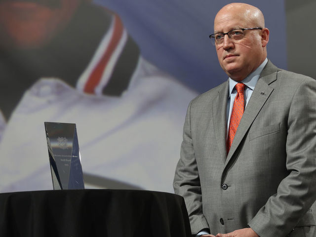 BUFFALO, NY - JUNE 25: NHL Deputy Commissioner Bill Daly waits onstage before presenting the second annual E.J. McGuire Award of Excellence during the 2016 NHL Draft at First Niagara Center on June 25, 2016 in Buffalo, New York.