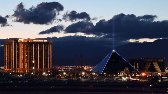 LAS VEGAS, NEVADA - MARCH 15: Mandalay Bay Resort and Casino (L) and Luxor Hotel and Casino are shown as the coronavirus continues to spread across the United States on March 15, 2020 in Las Vegas, Nevada. MGM Resorts International, which operates both properties, announced on Sunday that it will suspend casino operations on Monday and hotel operations on Tuesday at all of its Las Vegas properties until further notice to combat the spread of the virus. The World Health Organization declared the coronavirus (COVID-19) a global pandemic on March 11th.