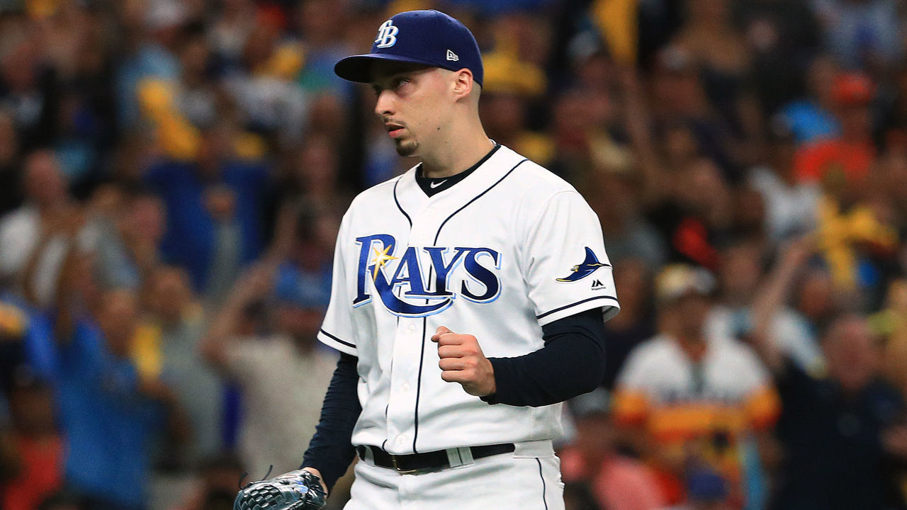 ST PETERSBURG, FLORIDA - OCTOBER 08: Blake Snell #4 of the Tampa Bay Rays celebrates his teams 4-1 win over the Houston Astros in game four of the American League Division Series at Tropicana Field on October 08, 2019 in St Petersburg, Florida.