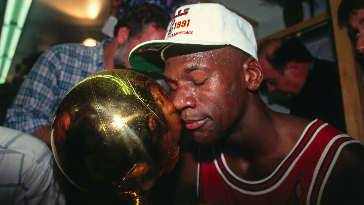 INGLEWOOD, CA- JUNE 12: Michael Jordan #23 of the Chicago Bulls celebrates following Game Five of the 1991 NBA Finals on June 12, 1991 at the Great Western Forum in Inglewood, California. NOTE TO USER: User expressly acknowledges and agrees that, by downloading and/or using this Photograph, user is consenting to the terms and conditions of the Getty Images License Agreement. Mandatory Copyright Notice: Copyright 1991 NBAE