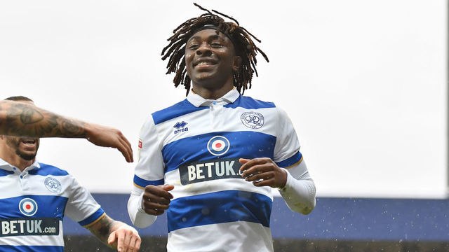 Eberechi Eze of Queens Park Rangers celebrates after scoring his team's second goal during the Sky Bet Championship match between Queens Park Rangers and Stoke City at The Kiyan Prince Foundation Stadium on February 15, 2020 in London, England.