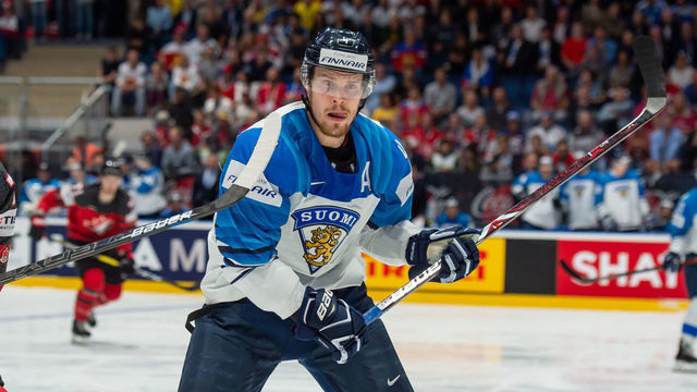 BRATISLAVA, SLOVAKIA - MAY 26: #4 Mikko Lehtonen of Finland looks on during the 2019 IIHF Ice Hockey World Championship Slovakia final game between Canada and Finland at Ondrej Nepela Arena on May 26, 2019 in Bratislava, Slovakia.