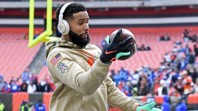 CLEVELAND, OH - NOVEMBER 10, 2019: Wide receiver Odell Beckham Jr. #13 of the Cleveland Browns catches a pass prior to a game against the Buffalo Bills on November 10, 2019 at FirstEnergy Stadium in Cleveland, Ohio. Cleveland won 19-16. (Photo by: 2019 Nick Cammett/Diamond Images via Getty Images)