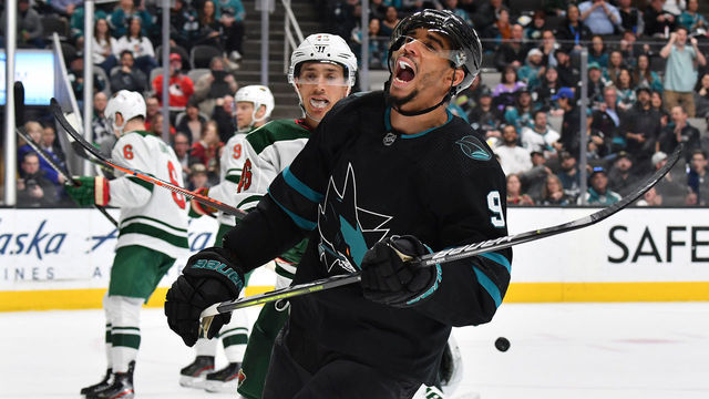 SAN JOSE, CA - MARCH 05: Evander Kane #9 of the San Jose Sharks reacts after missing a shot on goal against the Minnesota Wild at SAP Center on March 5, 2020 in San Jose, California.