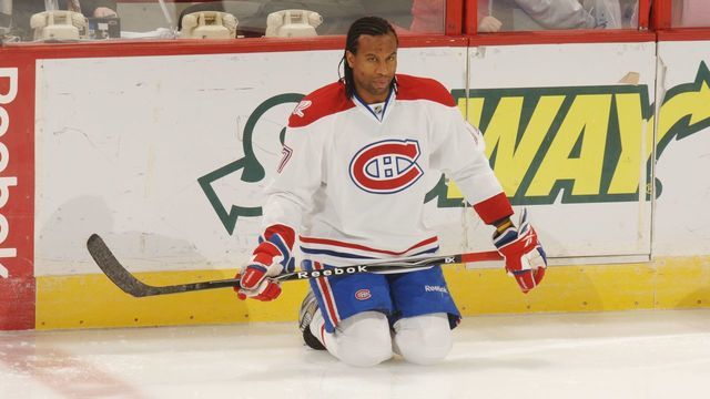 WASHINGTON - NOVEMBER 20: Georges Laraque #17 of the Montreal Canadiens looks on during warm ups of a NHL hockey game against the Washington Capitales on November 20, 2009 at the Verizon Center in Washington, D.C.
