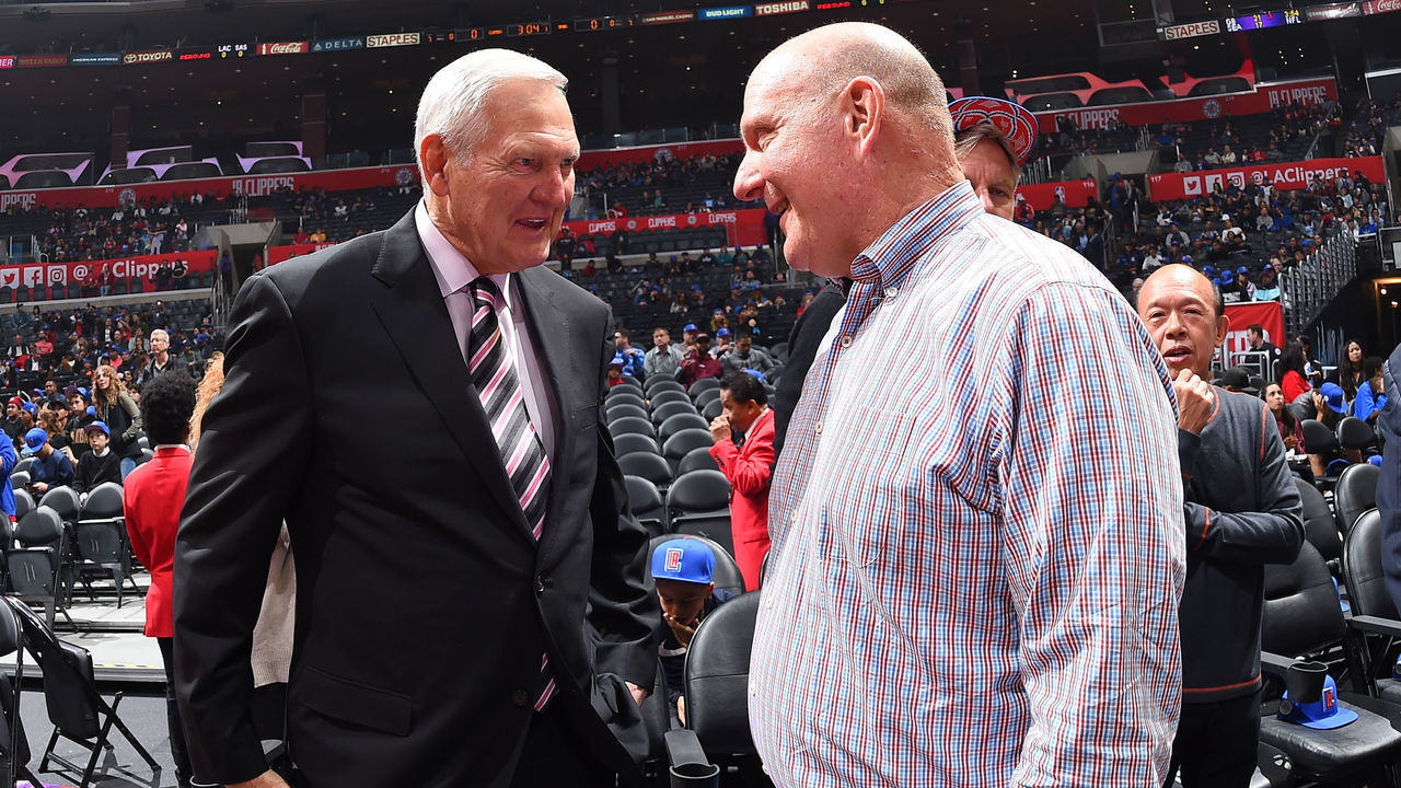LOS ANGELES, CA - NOVEMBER 15: NBA Legend Jerry West and LA Clippers owner Steve Ballmer converse before the game between the San Antonio Spurs and LA Clippers at STAPLES Center on November 15, 2018 in Los Angeles, California. NOTE TO USER: User expressly acknowledges and agrees that, by downloading and/or using this Photograph, user is consenting to the terms and conditions of the Getty Images License Agreement. Mandatory Copyright Notice: Copyright 2018 NBAE