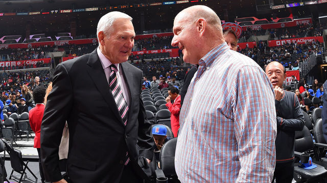 LOS ANGELES, CA - NOVEMBER 15: NBA Legend Jerry West and LA Clippers owner Steve Ballmer converse before the game between the San Antonio Spurs and LA Clippers at STAPLES Center on November 15, 2018 in Los Angeles, California. NOTE TO USER: User expressly acknowledges and agrees that, by downloading and/or using this Photograph, user is consenting to the terms and conditions of the Getty Images License Agreement. Mandatory Copyright Notice: Copyright 2018 NBAE