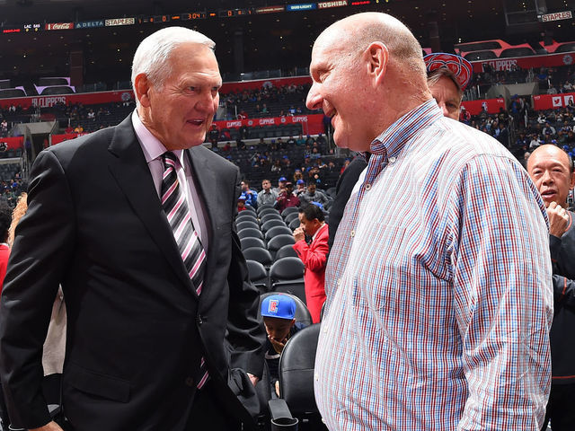 LOS ANGELES, CA - NOVEMBER 15: NBA Legend Jerry West and LA Clippers owner Steve Ballmer converse before the game between the San Antonio Spurs and LA Clippers at STAPLES Center on November 15, 2018 in Los Angeles, California. NOTE TO USER: User expressly acknowledges and agrees that, by downloading and/or using this Photograph, user is consenting to the terms and conditions of the Getty Images License Agreement. Mandatory Copyright Notice: Copyright 2018 NBAE