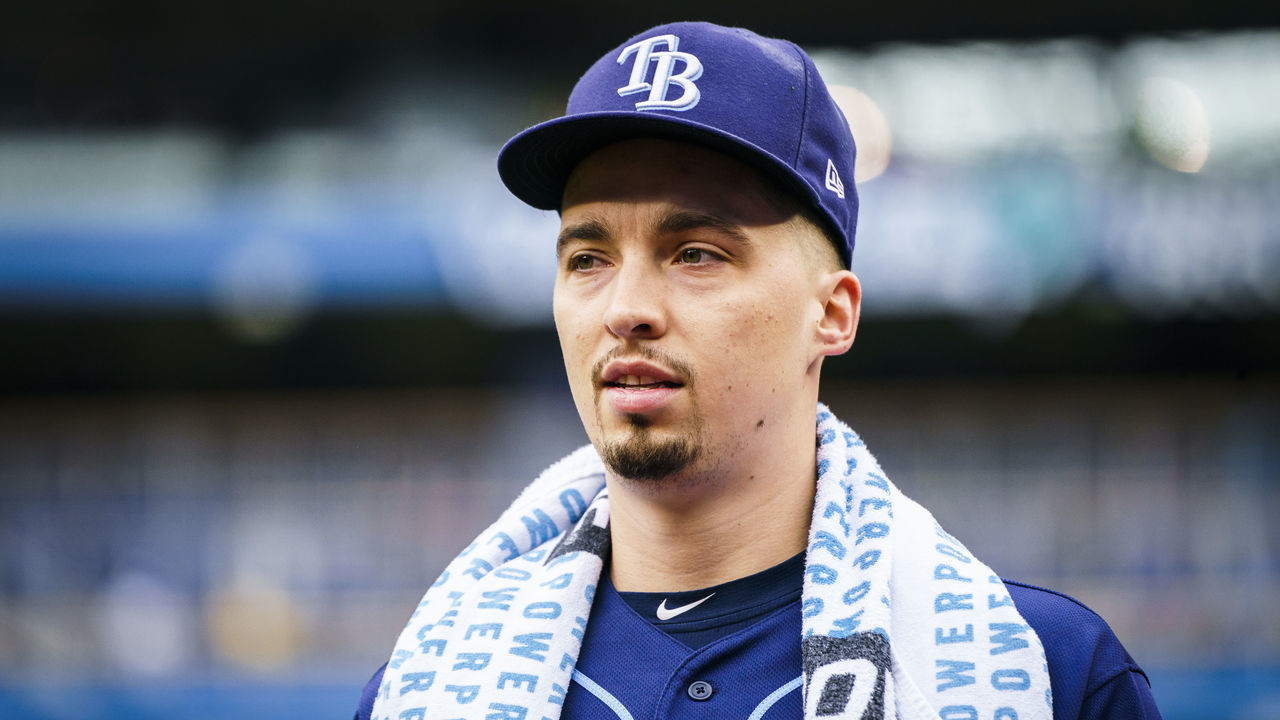 TORONTO, ONTARIO - SEPTEMBER 29: Blake Snell #4 of the Tampa Bay Rays walks to the dugout before his start against the Toronto Blue Jays in their MLB game at the Rogers Centre on September 29, 2019 in Toronto, Canada.