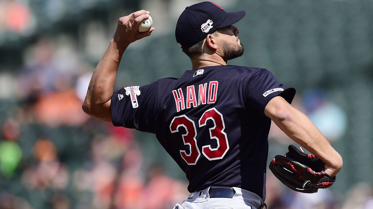 BALTIMORE, MD - JUNE 30: Brad Hand #33 of the Cleveland Indians pitches in the ninth inning against the Baltimore Orioles at Oriole Park at Camden Yards on June 30, 2019 in Baltimore, Maryland.