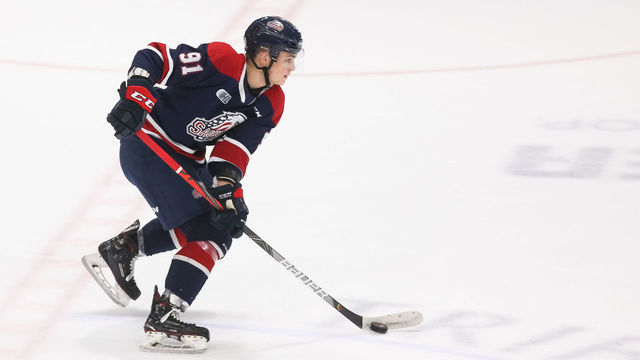 OSHAWA, ON - OCTOBER 06: Cole Perfetti #91 of the Saginaw Spirit skates with the puck during an OHL game against the Oshawa Generals at the Tribute Communities Centre on October 6, 2019 in Oshawa, Ontario, Canada.