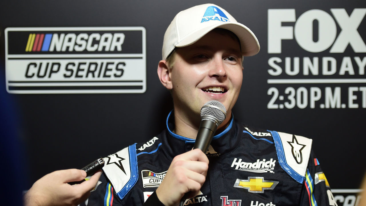 DAYTONA BEACH, FLORIDA - FEBRUARY 12: William Byron, driver of the #24 Axalta 'Color of the Year' Chevrolet, speaks with the media during the NASCAR Cup Series 62nd Annual Daytona 500 Media Day at Daytona International Speedway on February 12, 2020 in Daytona Beach, Florida.