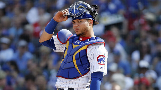 CHICAGO, ILLINOIS - SEPTEMBER 20: Willson Contreras #40 of the Chicago Cubs kneels between pitches during the game against the St. Louis Cardinals at Wrigley Field on September 20, 2019 in Chicago, Illinois.