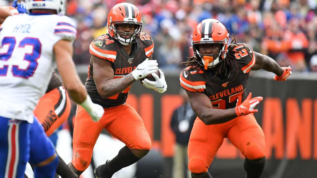 CLEVELAND, OH - NOVEMBER 10, 2019: Running back Nick Chubb #24 of the Cleveland Browns carries the ball as he follows the block of running back Kareem Hunt #27 in the first quarter of a game against the Buffalo Bills on November 10, 2019 at FirstEnergy Stadium in Cleveland, Ohio. Cleveland won 19-16. (Photo by: 2019 Nick Cammett/Diamond Images via Getty Images)