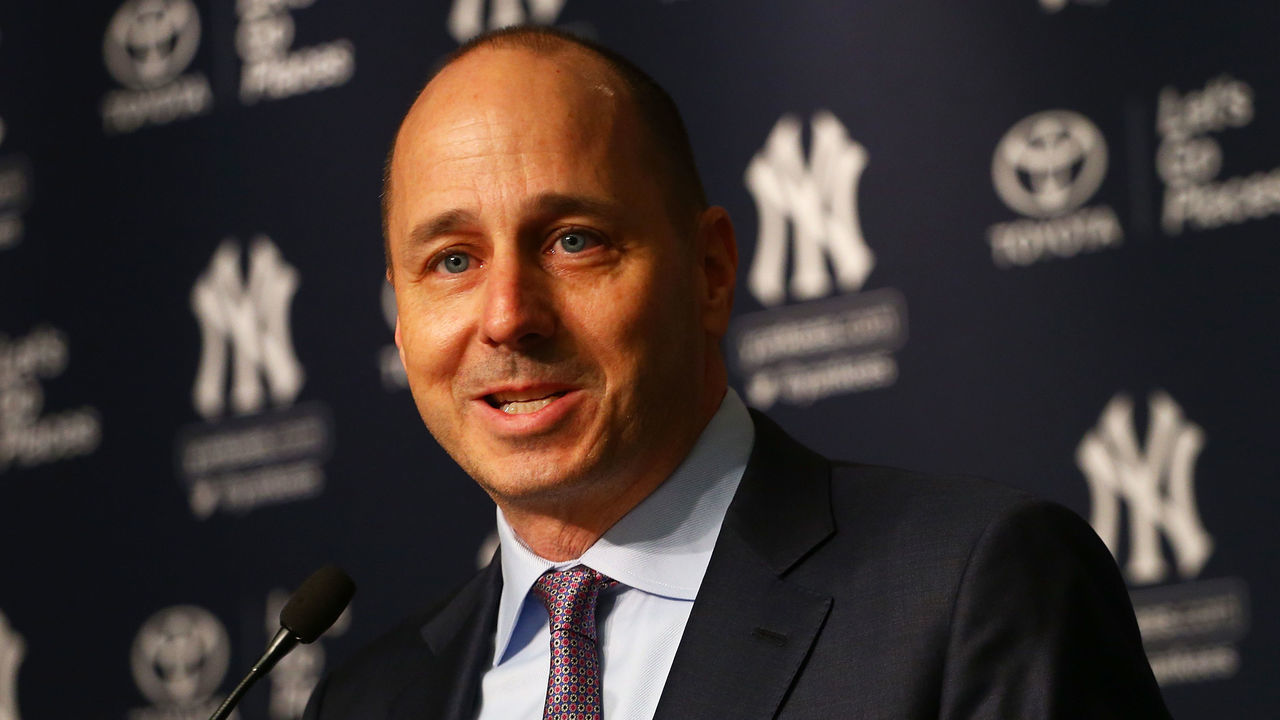NEW YORK, NY - DECEMBER 06: Senior Vice President, General Manager Brian Cashman speaks to the media prior to introducing Aaron Boone as New York Yankee manager at Yankee Stadium on December 6, 2017 in the Bronx borough of New York City.
