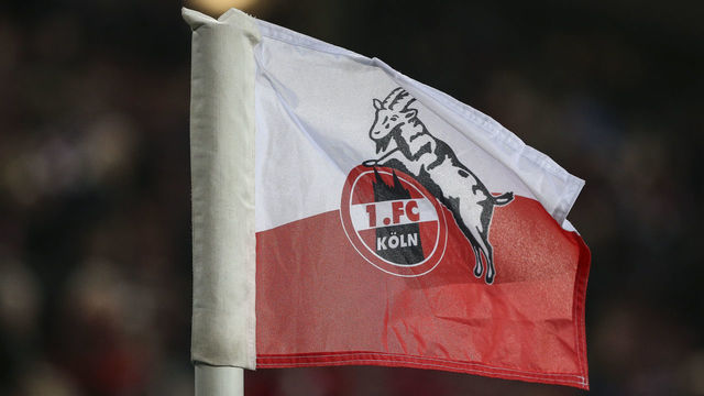 COLOGNE, GERMANY - FEBRUARY 08: Flag of FC Koeln is seen prior to the Second Bundesliga match between 1. FC Koeln and FC St. Pauli at RheinEnergieStadion on February 08, 2019 in Cologne, Germany.