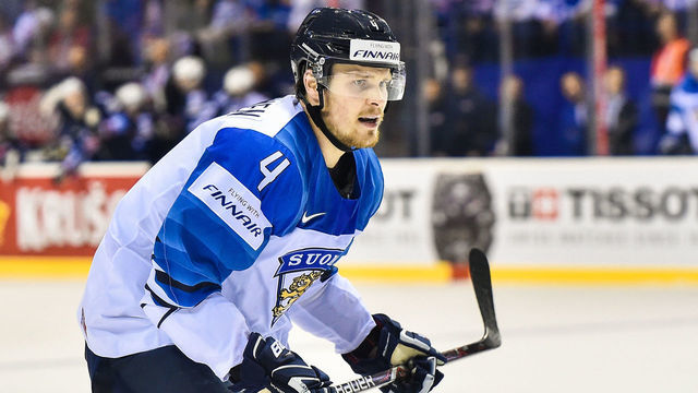 KOSICE, SLOVAKIA - MAY 13: Mikko Lehtonen #4 of Finland looks on during the 2019 IIHF Ice Hockey World Championship Slovakia group A game between United States and Finland at Steel Arena on May 13, 2019 in Kosice, Slovakia.
