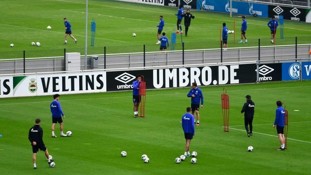 The team of German Bundesliga club FC Schalke 04 attends a training session at the club's training grounds in Gelsenkirchen, western Germany on April 29, 2020 amid the new coronavirus COVID-19 pandemic.