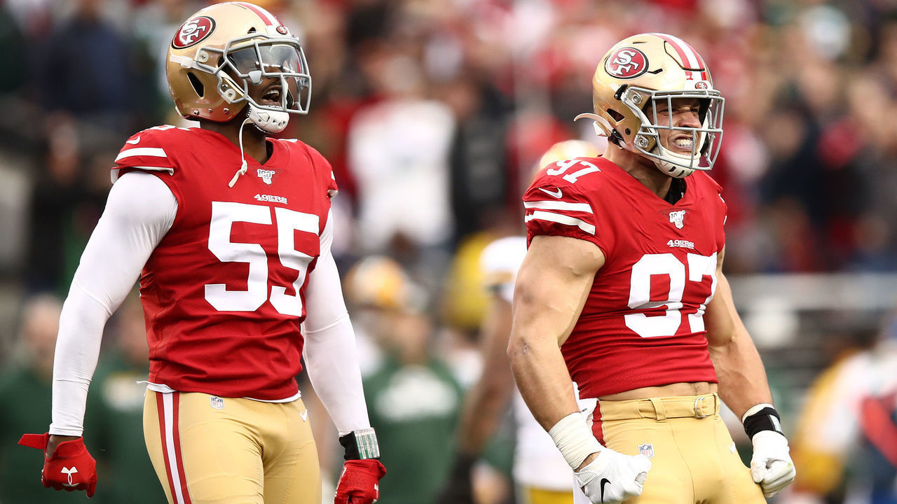 SANTA CLARA, CALIFORNIA - JANUARY 19: Nick Bosa #97 and Dee Ford #55 of the San Francisco 49ers reacts after a play against the Green Bay Packers during the NFC Championship game at Levi's Stadium on January 19, 2020 in Santa Clara, California.