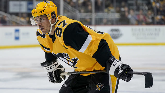 PITTSBURGH, PA - MARCH 07: Pittsburgh Penguins Center Sidney Crosby (87) waits for play to begin during the first period in the NHL game between the Pittsburgh Penguins and the Washington Capitals on March 7, 2020, at PPG Paints Arena in Pittsburgh, PA.