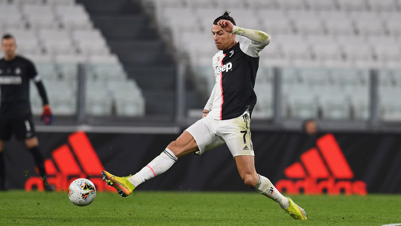 TURIN, ITALY - MARCH 08: Cristiano Ronaldo of Juventus in action during the Serie A match between Juventus and FC Internazionale played behind closed doors at Allianz Stadium after the Italian Government has issued a list of new guidelines to help stop the spread of the Coronavirus COVID-19 on March 8, 2020 in Turin, Italy.