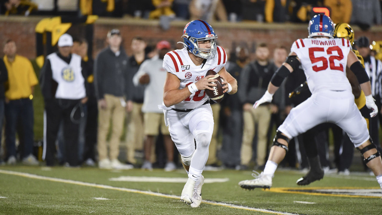 COLUMBIA, MO - OCTOBER 12: Quarterback John Rhys Plumlee #10 of the Mississippi Rebels looks to pass against the Missouri Tigers at Memorial Stadium on October 12, 2019 in Columbia, Missouri.