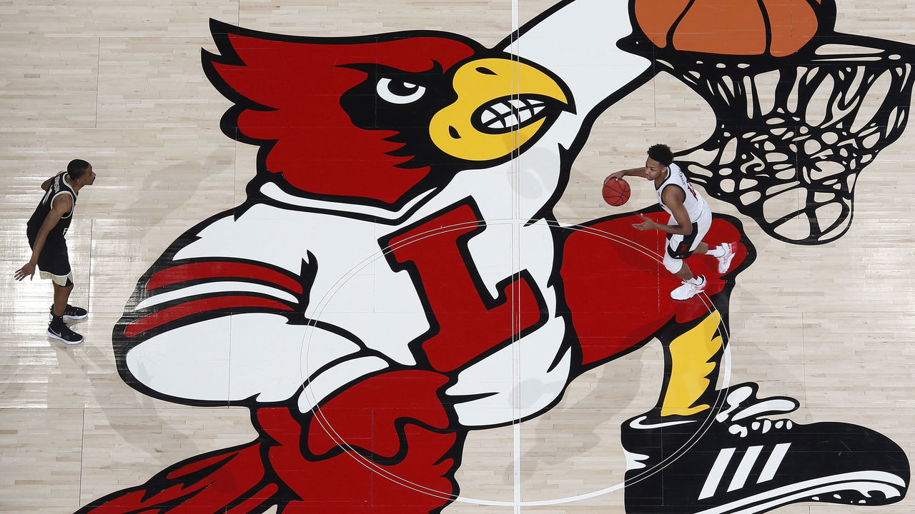 LOUISVILLE, KY - FEBRUARY 05: A general view of the center court logo during a game between the Louisville Cardinals and Wake Forest Demon Deacons at KFC YUM! Center on February 5, 2020 in Louisville, Kentucky. Louisville defeated Wake Forest 86-76.