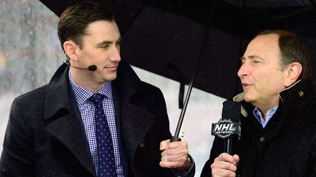 ST LOUIS, MO - JANUARY 02: NHL Commissioner Gary Bettman, right, speaks with the NHL Network's Mike Johnson prior to the 2017 Bridgestone NHL Winter Classic at Busch Stadium on January 2, 2017 in St Louis, Missouri.