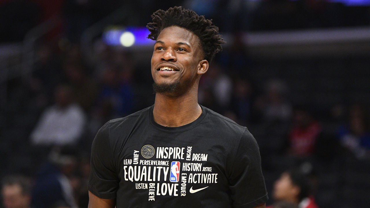 LOS ANGELES, CA - FEBRUARY 05: Miami Heat Forward Jimmy Butler (22) looks on before a NBA game between the Miami Heat and the Los Angeles Clippers on February 5, 2020 at STAPLES Center in Los Angeles, CA.