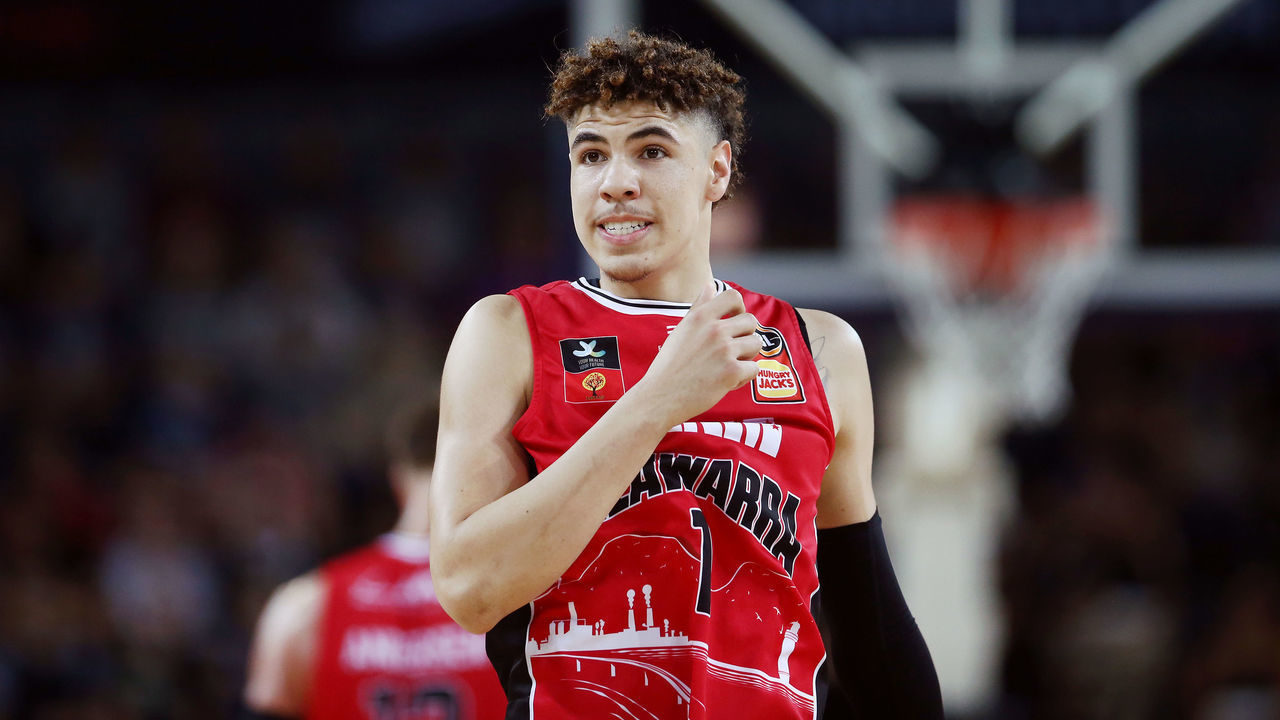 AUCKLAND, NEW ZEALAND - NOVEMBER 30: LaMelo Ball of the Hawks reacts during the round 9 NBL match between the New Zealand Breakers and the Illawarra Hawks at Spark Arena on November 30, 2019 in Auckland, New Zealand.