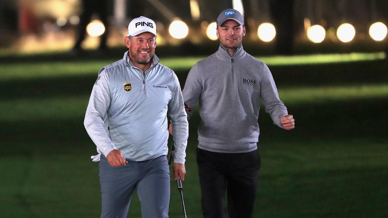 NEWCASTLE UPON TYNE, ENGLAND - SEPTEMBER 26: Lee Westwood of England and Martin Kaymer of Germany walk together during the semi-final of the Hero Challenge 2017 prior to the start of the British Masters at Close House Golf Club on September 26, 2017 in Newcastle upon Tyne, England.